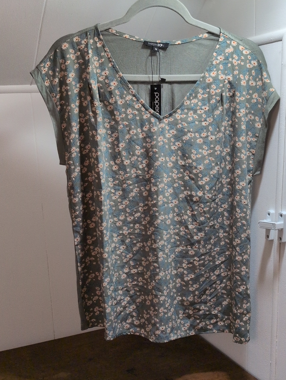 Papermoon Sage Green Floral V-Neck Top with Cream Daisies
